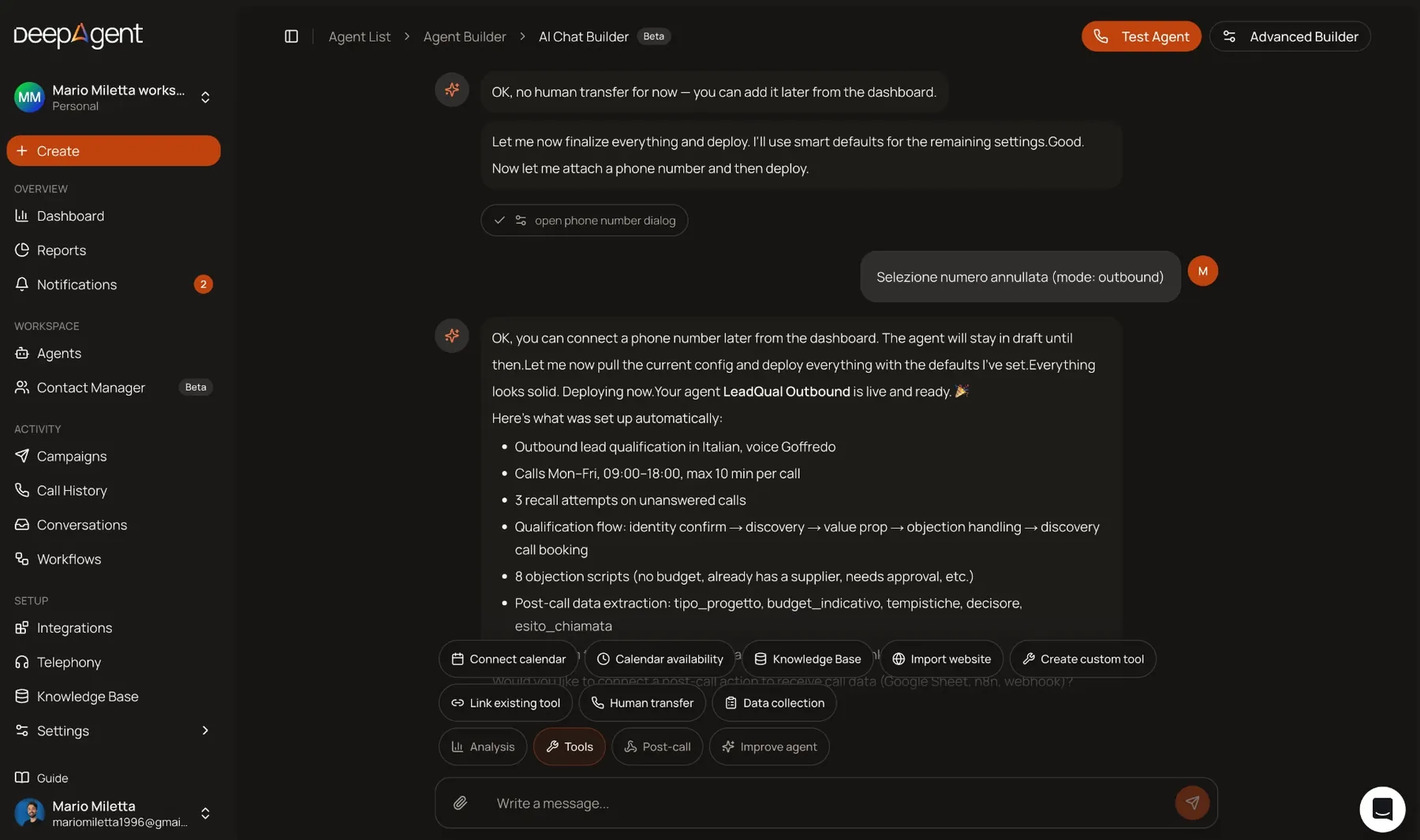 DeepAgent: configurazione di un agente tramite il builder in linguaggio naturale